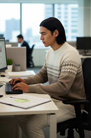 Erkek Fitted Bisiklet Yaka Etnik Desenli Triko Kazak Soğuk Havalar İçin Şık ve Konforlu Bir Tercih