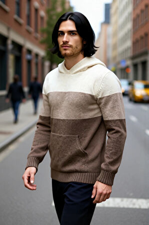 Erkek Kapüşonlu Regular Kalıp Renk Bloklu Triko Kazak Kanguru Cepli Uzun Kollu Kış Şıklığı