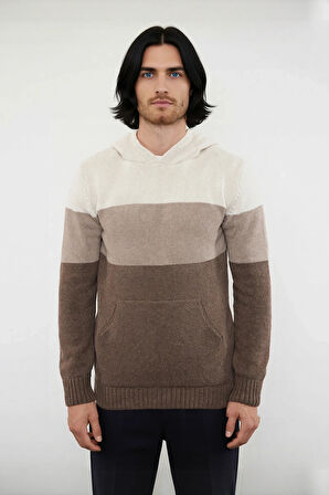 Erkek Kapüşonlu Regular Kalıp Renk Bloklu Triko Kazak Kanguru Cepli Uzun Kollu Kış Şıklığı