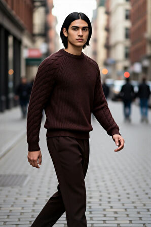 Unisex Basic Regular Kalıp Bisiklet Yaka Saç Örgü Desenli Kalın Triko Kazak Kışlık Şıklık Kaliteli