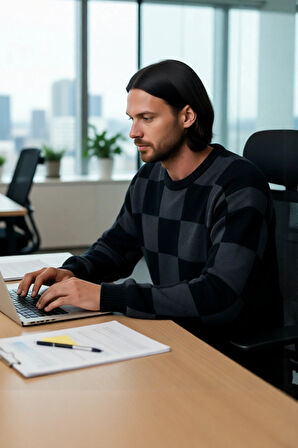 Erkek Oversize Bisiklet Yaka Kareli Desenli Triko Kazak Kış Sezonu İçin Rahat ve Modern Seçim