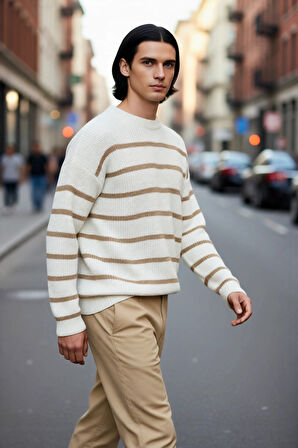 Casual Erkek Kalın Triko Dokulu Bisiklet Yaka Çizgili Oversize Selanik Kışlık Kazak Modeli