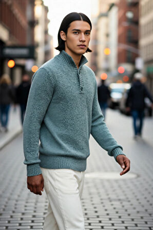 Erkek Gri Kalın Triko Düğmeli Dik Yaka Kazak Casual Ortamlar İçin Konforlu ve Şık Tasarım Kaliteli