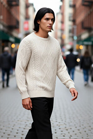 Erkek Basic Oversize Kalın Saç Örgülü Bisiklet Yaka Kazak Rahat Ve Stil Sahibi Kombinler Kaliteli