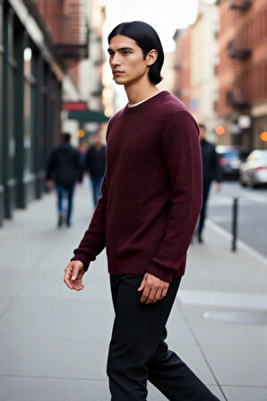 Erkek Regular Kesim Yünlü Bisiklet Yaka Uzun Kollu Bordo Düz Triko Kazak Günlük Kullanım İçin