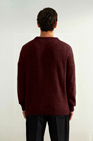 Erkek Regular Kesim Yünlü Bisiklet Yaka Uzun Kollu Bordo Düz Triko Kazak Günlük Kullanım İçin