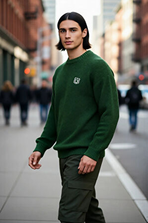 Erkek Triko Oversize Kesim Bisiklet Yaka Sargı Nakışlı Rahat Kazak Soğuk Günlerin Şıklığı Kaliteli