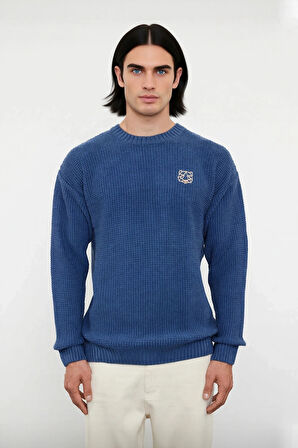 Erkek Triko Oversize Kesim Bisiklet Yaka Sargı Nakışlı Rahat Kazak Soğuk Günlerin Şıklığı Kaliteli