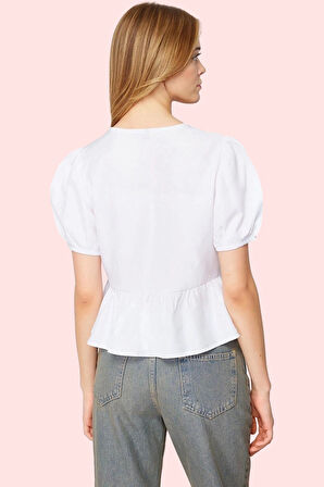 Kadın Regular Kalıp V Yaka Gömlek Kısa Kollu Dokuma Kumaş Günlük Kullanım Kaliteli Malzeme