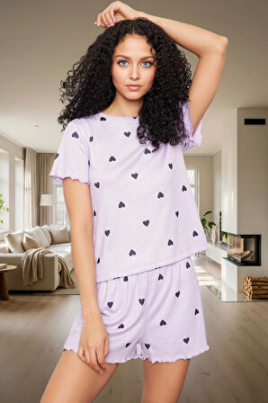 Kalpli Desenli Pijama Takımı Yumuşak Örme Kumaş Lastikli Şort 2'li Takım Premium Kalite