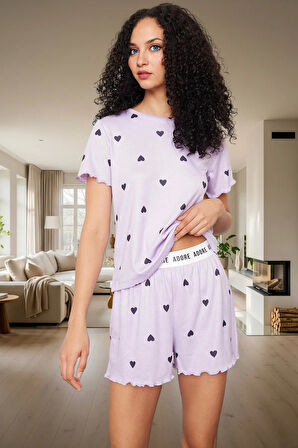 Kalpli Desenli Pijama Takımı Yumuşak Örme Kumaş Lastikli Şort 2'li Takım Premium Kalite