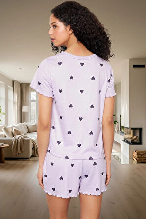 Kalpli Desenli Pijama Takımı Yumuşak Örme Kumaş Lastikli Şort 2'li Takım Premium Kalite