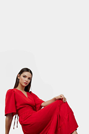 Yazlık Kısa Kollu Midi Elbise  Polyester Aerobin Dokuma Günlük Kullanım İçin Şık Görünüm