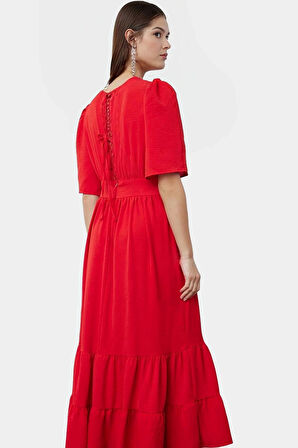 Yazlık Kısa Kollu Midi Elbise  Polyester Aerobin Dokuma Günlük Kullanım İçin Şık Görünüm