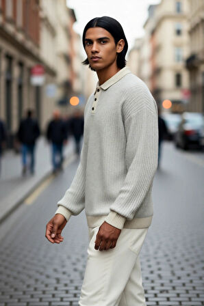 Erkek Konforlu Şık Dokulu Polo Yaka Uzun Kollu Akrilik Triko Kazak Soğuk Günlerin Vazgeçilmezi