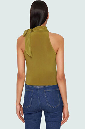 Kadın Yazlık Crop Bluz Dik Yaka Bağlamalı Detay Örme Kumaş Özel Tasarım Kaliteli İşçilik