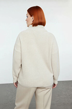 Kadın Casual Ortam Uzun Kollu Selanik Dokuma Regular Kalıp Fermuarlı Dik Yaka Triko Kazak Kaliteli