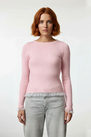 Kadın Modern Pembe Bisiklet Yaka Uzun Kollu Fitted Triko Tül Detaylı Sonbahar Kazak Kaliteli