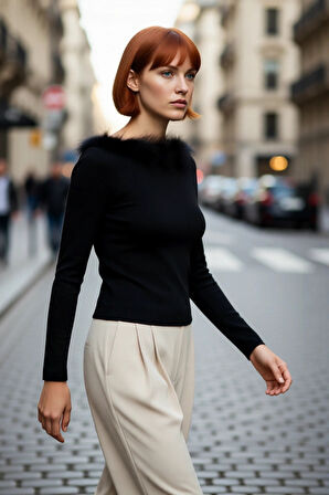 Kadın Fitted Kayık Yaka Tüylü Detay Triko Kazak Uzun Kollu İnce Dokulu Kış Modası Sunar Kaliteli