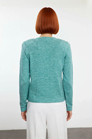 Kadın Günlük Şık Taş Detaylı Bisiklet Yaka Regular Kalıp İnce Dokulu Uzun Kollu Triko Kazak