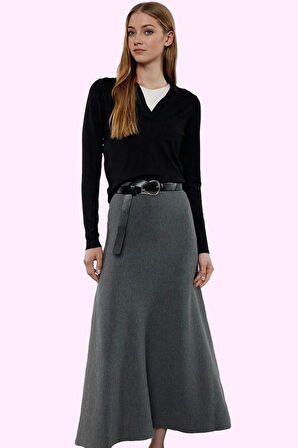 Kadın Kemerli Maxi Triko Etek Akrilik Günlük Ve Şık Kombinler Hafta Sonu Dayanıklı Malzeme