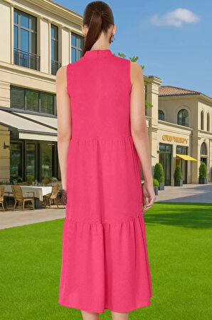 Kadın Yazlık Midi Elbise Nefes Alan Polyester Dokuma Kumaş Rahat Trend Tasarım Modern Stil