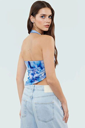 Boyundan Bağlamalı Crop Bluz Soyut Desenli Örme Tül Günlük Stil Yüksek Kalite