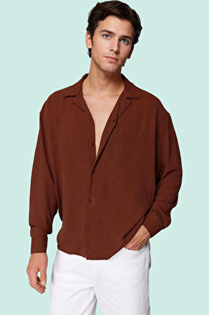 Erkek Yazlık Polyester Gömlek; Apaş Yaka Düz Desen Uzun Kollu Regular Boy Oversize Fit Hafta Sonu