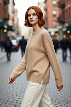 Kadın Oversize Düz Triko Bisiklet Yaka Uzun Kollu Bej Kazak Kış Ve Sonbahar Rahatlığı İçin Trendy