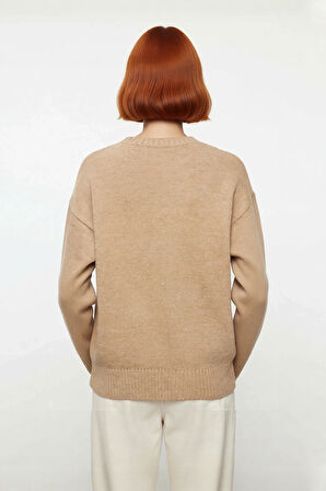 Kadın Oversize Düz Triko Bisiklet Yaka Uzun Kollu Bej Kazak Kış Ve Sonbahar Rahatlığı İçin Trendy