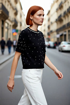 Kadın Modern Kısa Kol Nakış Detaylı Bisiklet Yaka Crop Triko Kazak Cool Comfort Stilinizi Tamamlayın