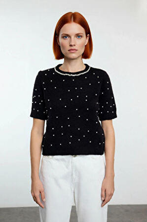 Kadın Modern Kısa Kol Nakış Detaylı Bisiklet Yaka Crop Triko Kazak Cool Comfort Stilinizi Tamamlayın