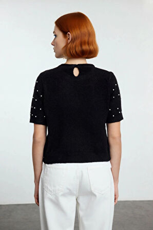 Kadın Modern Kısa Kol Nakış Detaylı Bisiklet Yaka Crop Triko Kazak Cool Comfort Stilinizi Tamamlayın