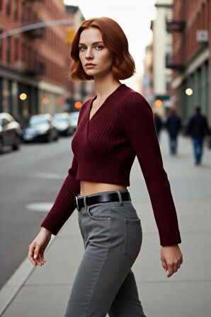 Kadın Antrasit Crop Boy Fitted Kruvaze Triko Kazak Günlük Şıklık ve Konforu Kış Sezonuna Taşır