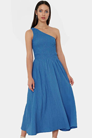Şık ve Rahat Yazlık Midi Elbise Tek Omuz Polyester Kaliteli İşçilik Zarifane Tasarım