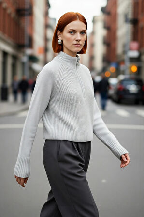 Kadın Selanik Dokuma Regular Kalıp Crop Dik Yaka Fermuarlı Uzun Kollu Triko Kazak Günlük Şıklık