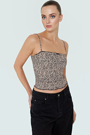 Basic Crop Bluz Leopar Desenli Poliamid Örme Rahat Premium Kalite Seçkin Malzeme Zarifane Tasarım
