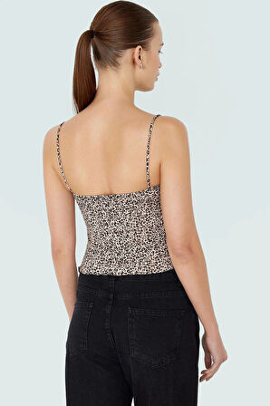 Basic Crop Bluz Leopar Desenli Poliamid Örme Rahat Premium Kalite Seçkin Malzeme Zarifane Tasarım