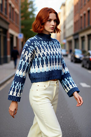 Kadın Oversize Kesim Etnik Desenli Uzun Kollu Crop Triko Kazak Soğuk Günler İçin İdeal Kaliteli