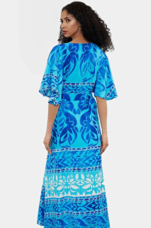 Rahat ve Şık Çok Etnik Desenli Viskoz Midi Elbise Kruvaze Yaka Premium Kalite Görünüm