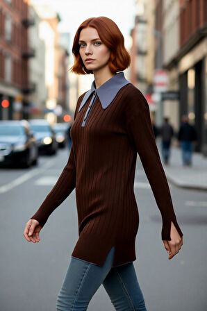 Kadın Dokulu Fitilli Triko Kazak Polo Yaka Düşük Kollu Akrilik Kışlık Casual Giyim Kaliteli