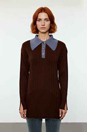 Kadın Dokulu Fitilli Triko Kazak Polo Yaka Düşük Kollu Akrilik Kışlık Casual Giyim Kaliteli