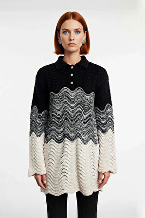 Kadın Modern Jakar Dokuma Renk Bloklu Polo Yaka Uzun Kollu Fitted Triko Kazak Soğuklara Meydan Okur