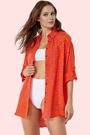 Kadın Regular Kalıp Shally Dokuma Plaj Gömleği Çok Desenli Yazlık Rahatlık Günlük Kullanım