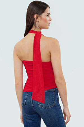 Polyester Elastan Bluz Bağlamalı Asimetrik Yaka Kolsuz Fitted Kalıp Yazlık