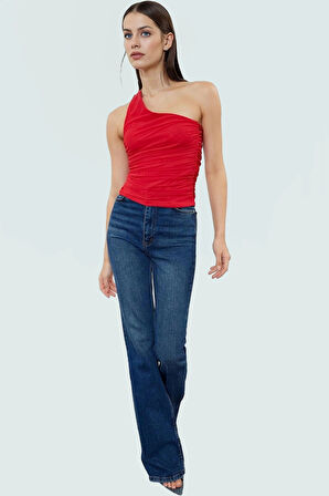 Polyester Elastan Bluz Bağlamalı Asimetrik Yaka Kolsuz Fitted Kalıp Yazlık