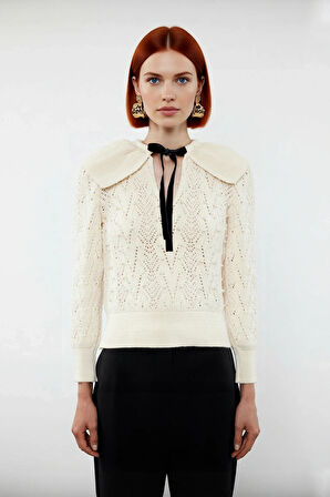 Kadın Triko Ajurlu İnci Detaylı Fular Yaka Kazak Regular Kalıp Uzun Kol Günlük Ve Konforlu Giyim