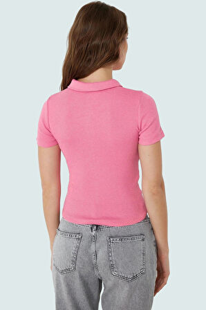 Fitted Vücut Oturan Fermuarlı Polo Yaka Kısa Kollu Bluz %70 Polyester Rahat Ve Şık