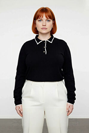 Kadın Siyah Polo Yaka Triko Kazak Regular Kalıp Uzun Kollu Orta Kalınlık Kışlık Günlük Şıklık