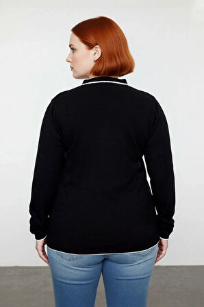 Kadın Siyah Polo Yaka Triko Kazak Regular Kalıp Uzun Kollu Orta Kalınlık Kışlık Günlük Şıklık